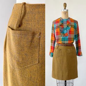 VTG 60s Golden Brown Wool High Waisted Pencil Skirt Front Pockets XS S Waist 25